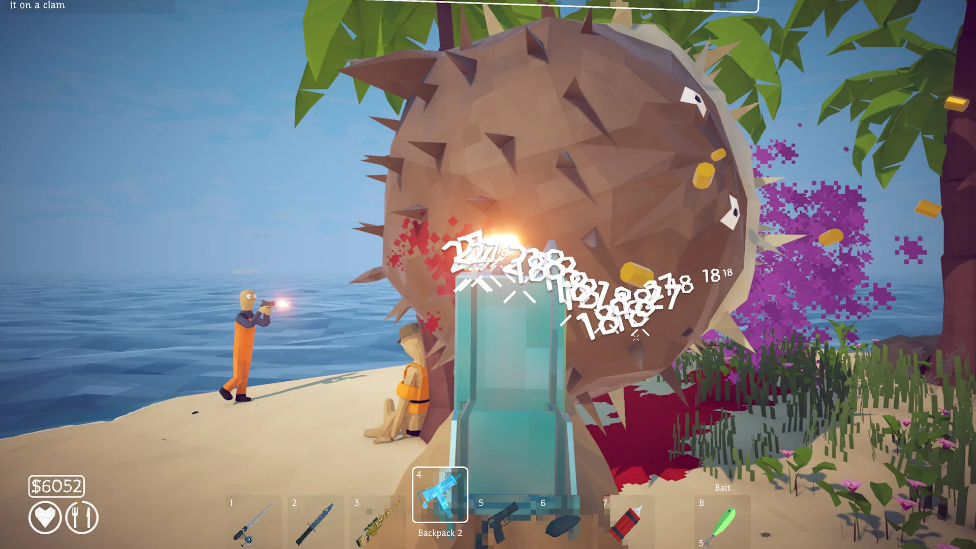 Two players fighting the giant pufferfish boss in How to Fish