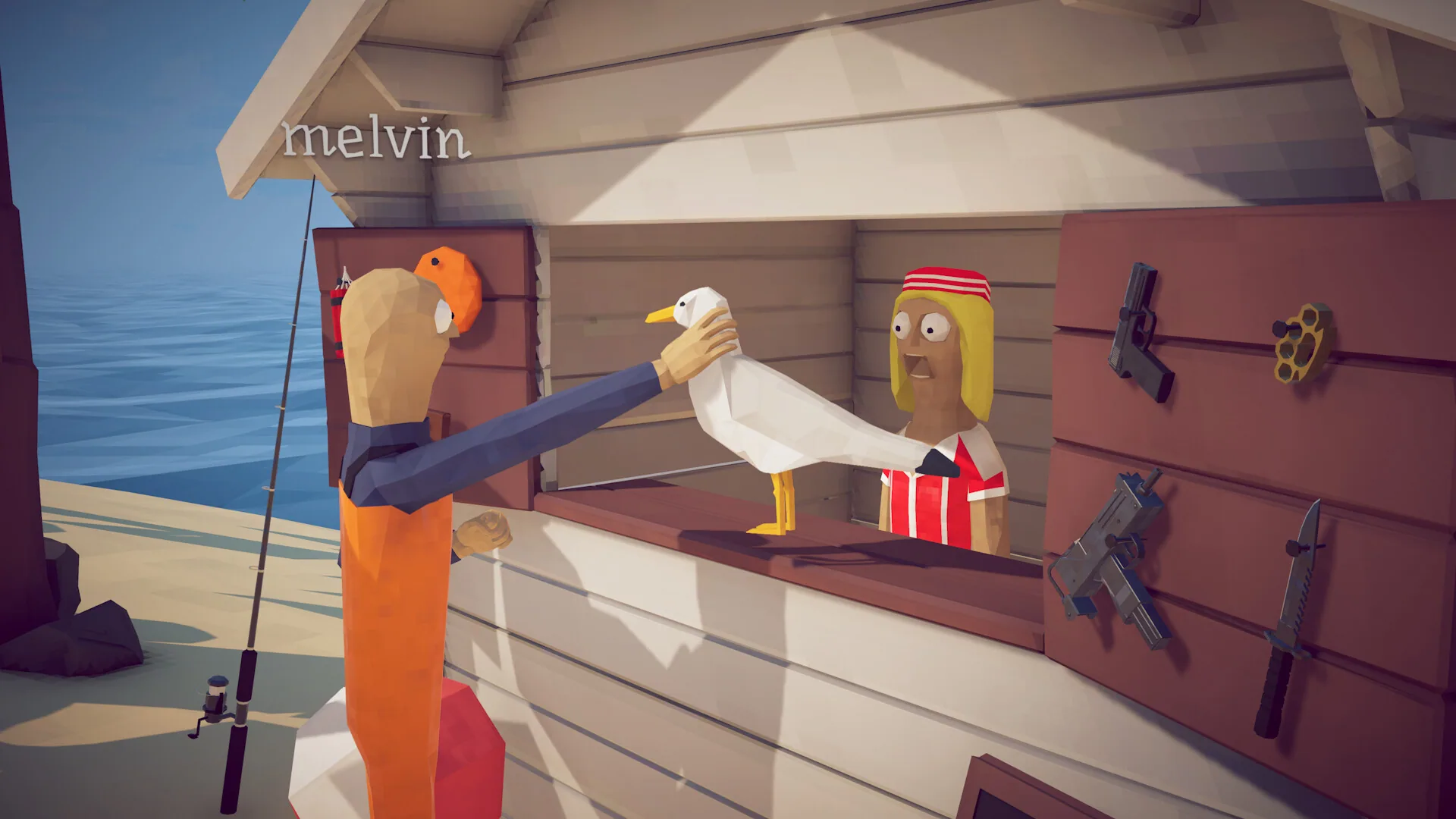 A How to Fish player hands a seagull to an island shopkeeper